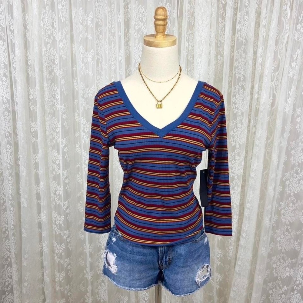 Y2K Kontrol Retro Striped V‎ Neck Ribbed Top Women's Medium NWT 3/4 Sleeve Blue